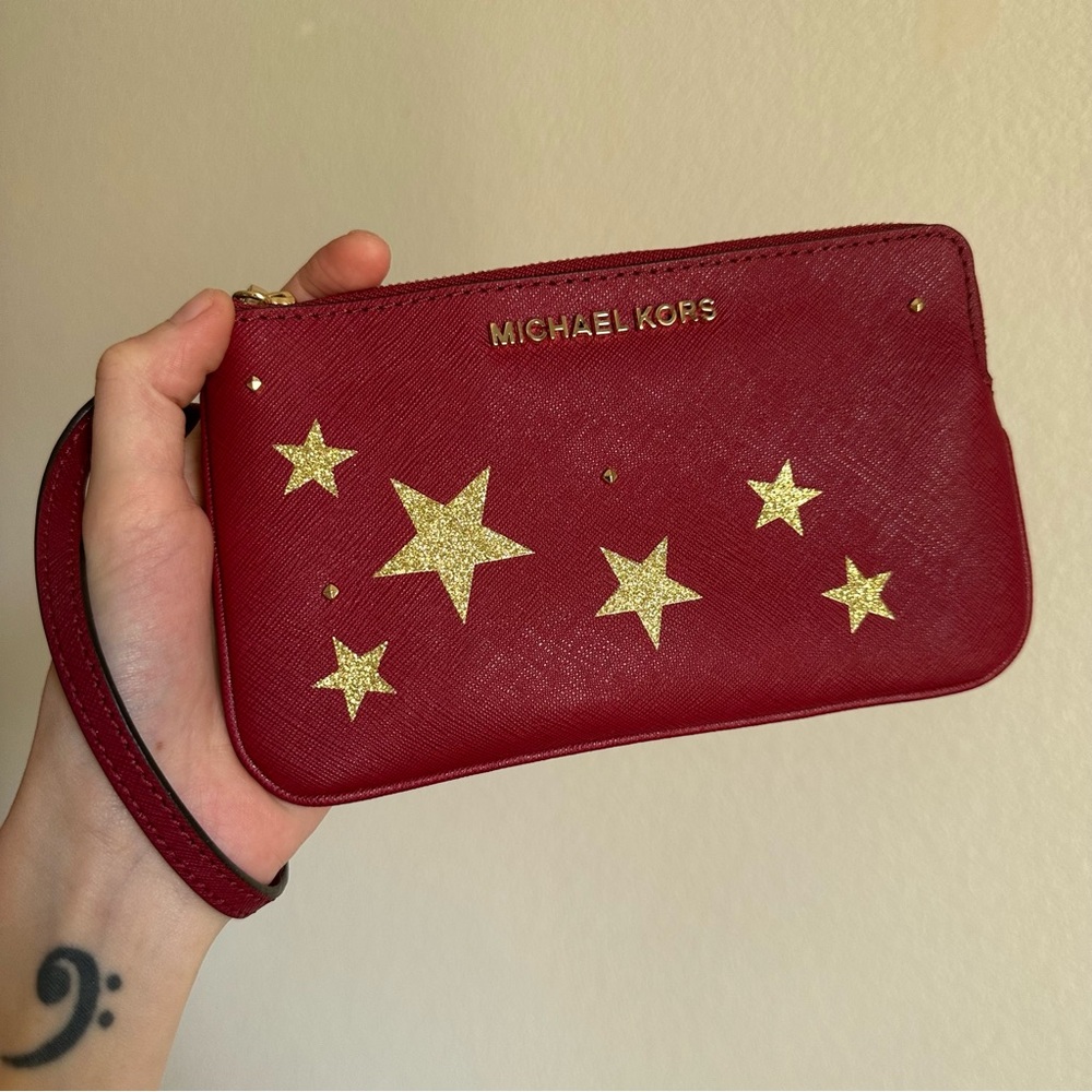 Michael Kors Red Wristlet with Gold Stars NWOT Celestial Metallic Christmas